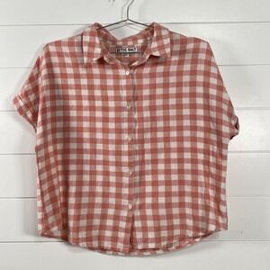 Attic Salt Shirt Womens Medium Check Button Up Short Sleeve Flax Blend Casual
